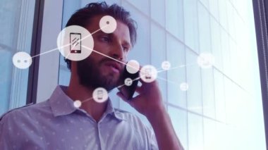 Animation of network of connections over caucasian businessman using smartphone. global business, connections and technology concept digitally generated video.