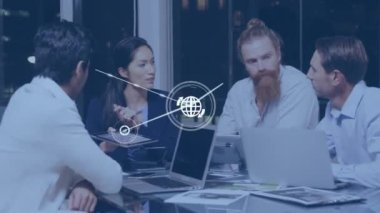 Animation of network of connections over diverse business people using laptop. Global cloud computing, technology, data processing and networks concept digitally generated video.
