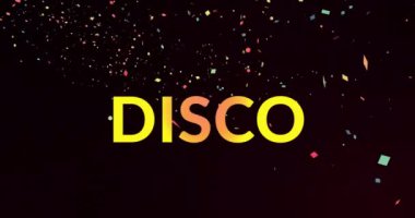 Animation of disco text on black background with confetti. Music, party, clubbing and disco concept digitally generated video.