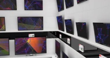 Animation of connections over wall with tv screens. Media, television, communication and information concept digitally generated video.