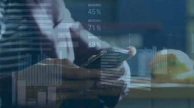 Animation of digital graphs and database moving over caucasian hands using mobile phone in cafe. Digital composite, multiple exposure, stock market data, business, trading and technology concept.