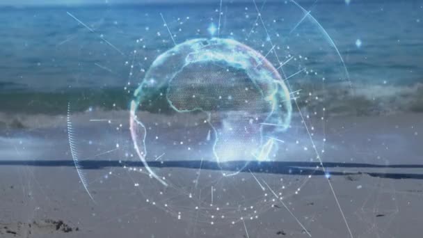 Animation Globe Connections Caucasian Woman Running Beach Sea Global Connections — Stok Video