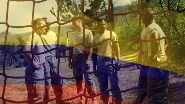 Animation Flag Columbia Diverse Male Soldiers Training Army Defense Patriotism — Vídeo de Stock