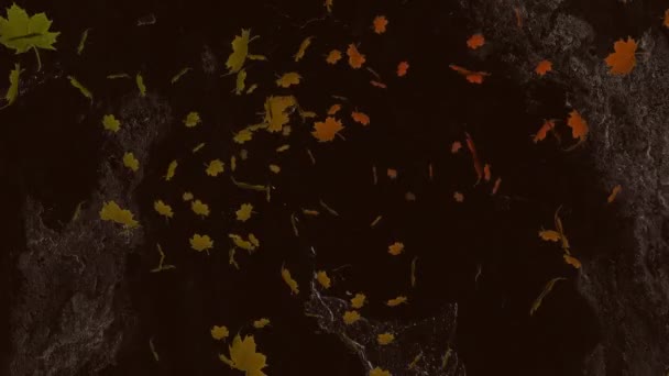 Animation Brown Autumn Leaves Falling Lightning Flashes Black Sky Nature — Stockvideo