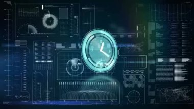 Siyah arkaplandaki veri işleme üzerinde saatle taramanın animasyonu. Küresel teknoloji, bilgisayar ve dijital arayüz kavramı dijital olarak oluşturulmuş video.