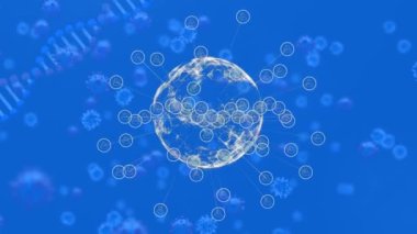 Animation of dna strand, covid 19 cells over globe on blue background. Global covid 19 pandemic, health and data processing concept digitally generated video.