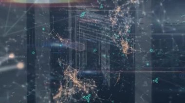 Animation of network of connections, dna and data over servers. Global network, connections and technology concept digitally generated video.