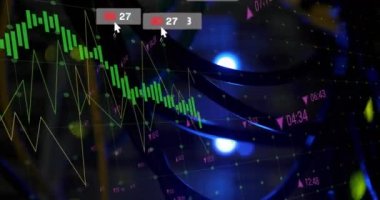 Animation of digital social media notifications with line graphs and trading numbers against lamp. Digital composite, multiple exposure, investment, finance, telecommunications and technology.
