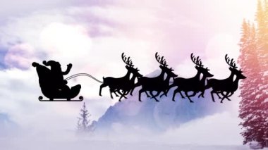 Animation of silhouette santa on sleigh flying with reindeer against cloudy sky. Nature, vector, digital composite, christmas festivity, celebration, winter and holiday concept.