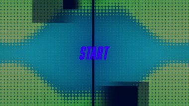 Animation of blue neon start text with green spotted pattern on video game. Digital composite, artificial intelligence, communication, entertainment, technology, illustration, futuristic, abstract.