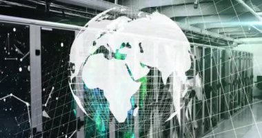 Animation of globe and shapes over server room. Global technology and digital interface concept digitally generated video.