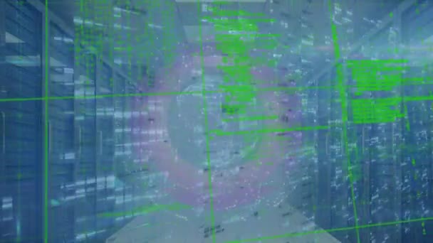 Animation Data Processing Mosaic Squares Spinning Globe Computer Server Room — 图库视频影像