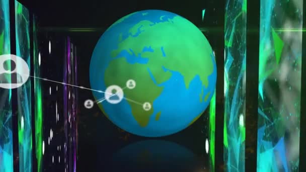 Animation Globe Network People Icons Colourful Panels Data Processing Global — Videoclip de stoc