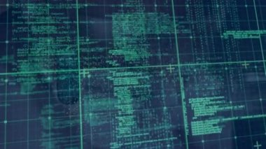 Animation of data processing and shapes over data processing on black background. Global business and digital interface concept digitally generated video.