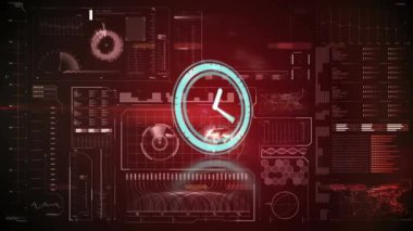Animation of scope scanning with clock over data processing on red background. global technology, computing and digital interface concept digitally generated video.