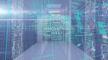 Animation of text and data processing over computer servers. Global computing and data processing concept digitally generated video.