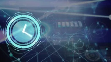Animation of clock, connections and data processing on screen. Global data processing, digital interface and connections concept digitally generated video.