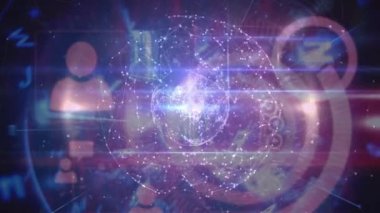 Animation of globe of connections over data processing on black background. global technology, data processing and connections concept digitally generated video.