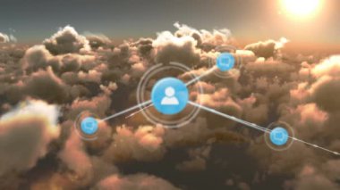 Animation of network of connections with icons over clouds in sky. . Global cloud computing, connections, data processing and digital interface concept digitally generated video.