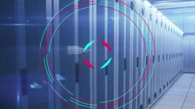 Animation of shapes and data processing over server room. Global technology, computing and digital interface concept digitally generated video.