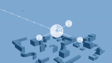 Animation of network of connections with icons over digital city on white background. Global connections, computing and digital interface concept digitally generated video.