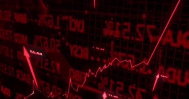 Animation of statistics and financial data processing over arrows on black background. Global business, finance and data processing concept digitally generated video.