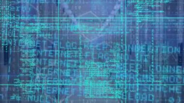 Animation of data processing and hexagonal shapes against computer server room. Computer interface and business technology concept