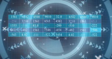 Animation of neon circles heart rate lines and lights moving over grid. Global business finances digital interface and data processing concept digitally generated video.