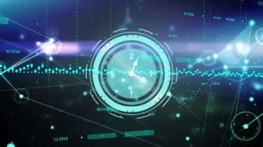 Animation of network of connections with icons over clock. Global business and digital interface concept digitally generated video.