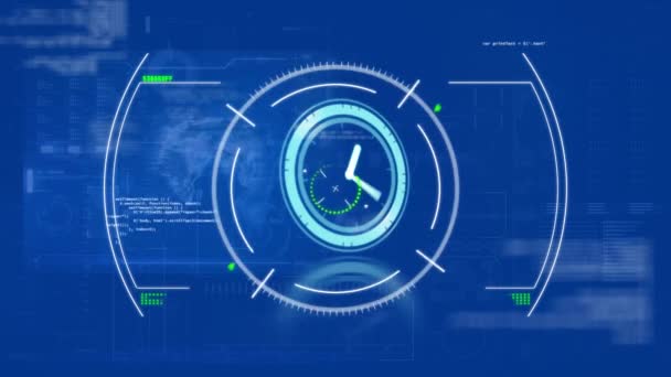 Animation Scope Scanning Neon Ticking Clock Data Processing Blue Background — Vídeos de Stock