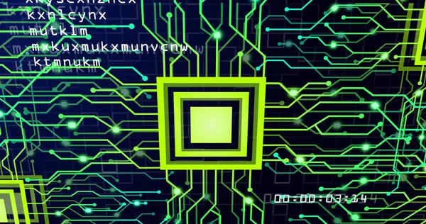 Image of neon integrated circuit and data on black background. Electronics, signal, data processing and technology concept digitally generated image.