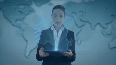 Animation of data processing over globe against caucasian businesswoman using digital tablet. Global networking and business technology concept