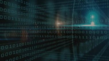 Animation of blue glowing flared light over binary numbers moving in loop. Digitally generated, hologram, coding, database, computer graphic, futuristic and technology concept.