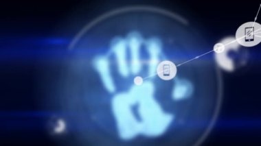 Animation of moving smart phone and music note icons connecting over digital handprint. 3d illustration, digital composite, technology, global, communication, futuristic, networking, sharing, music.