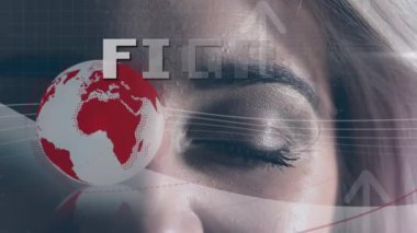 Animation of globe by fight text and woman with eyes closed. Digital composite, human eye, sensory perception, development, motivation, computer graphic.