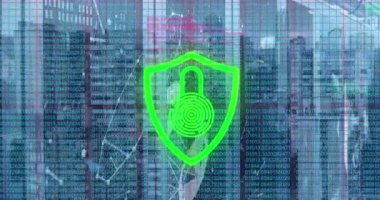 Animation of neon security icon with network connecting dots, coding against cityscape. Digital composite, multiple exposure, artificial intelligence, safety, accessibility, protection, connection.