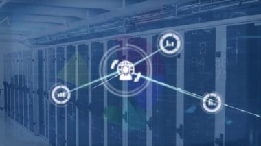 Animation of network of data icons processing over computer server room. Global communication, business, data and digital interface concept digitally generated video.