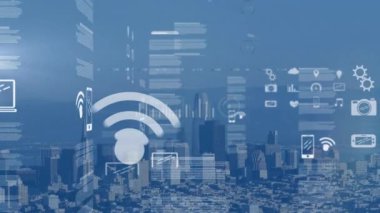 Animation of financial data, graphs, icons moving against cityscape. Digital composite, artificial intelligence, multiple exposure, cloud computing, technology, futuristic, business, economy.
