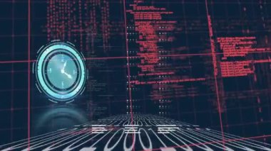 Animation of clock, binary coding and data processing on screen. Global data processing, digital interface and connections concept digitally generated video.