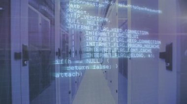 Animation of data processing against empty computer server room. Computer interface and business data storage technology concept