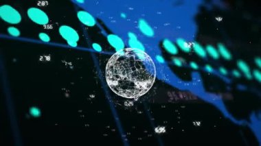 Animation of blue graph and data processing over blue world map on black background. Global communication, business, data, network and digital interface concept digitally generated video.
