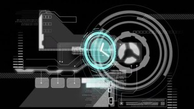 Siyah arkaplandaki veri işleme üzerinde saatle taramanın animasyonu. Küresel teknoloji, bilgisayar ve dijital arayüz kavramı dijital olarak oluşturulmuş video.