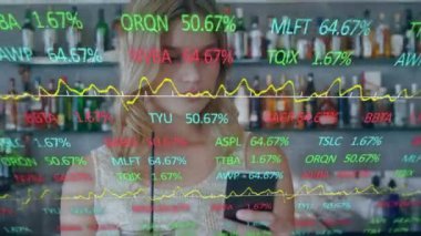 Animation of data processing over business people using phone headsets. Global business finance connections and technology concept digitally generated video.