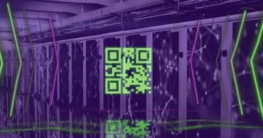 Animation of yellow qr code and neon lights over networks and computer server room. Global communication, business, data and digital interface concept digitally generated video.