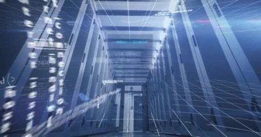 Animation of 6g text, processing data and maths calculations over computer server room. Global communication, research, data and network concept digitally generated video.