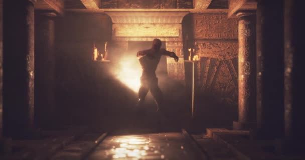 Animation Scary Zombie Mummy Walking Dark Crypt Room Burning Torches — Wideo stockowe