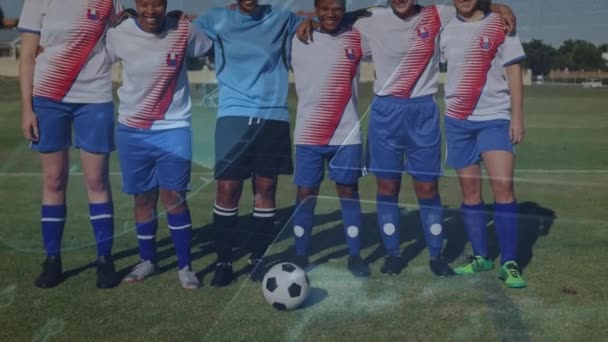 Animation Speedometer Multiracial Female Soccer Players Arms Standing Ground Digital — Vídeos de Stock