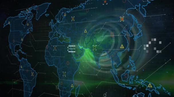 Animation World Map Data Processing Ticking Clock Green Spot Light — ストック動画