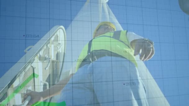 Animation Green Graphs Moving Low Angle View Male Architect Standing — Wideo stockowe