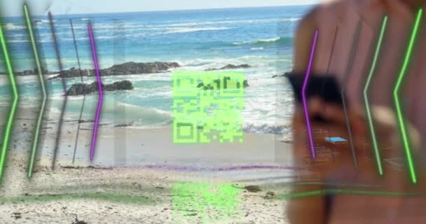 Animation Code Digital Lines Skyscrapers Caucasian Woman Using Phone Beach — Wideo stockowe